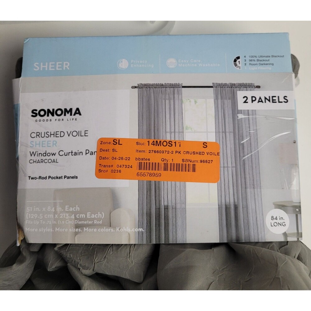 NEW Sonoma Crushed voile sheer window curtain 2 panels 51x84inch Charcoal Color